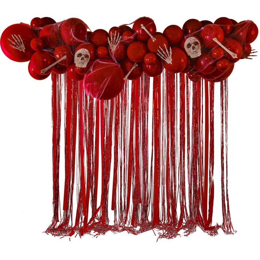 Arco de 60 globos rojos de Halloween con banderines, huesos y