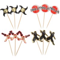 12 Cake Toppers Ninja Negro/Dorado/Rojo