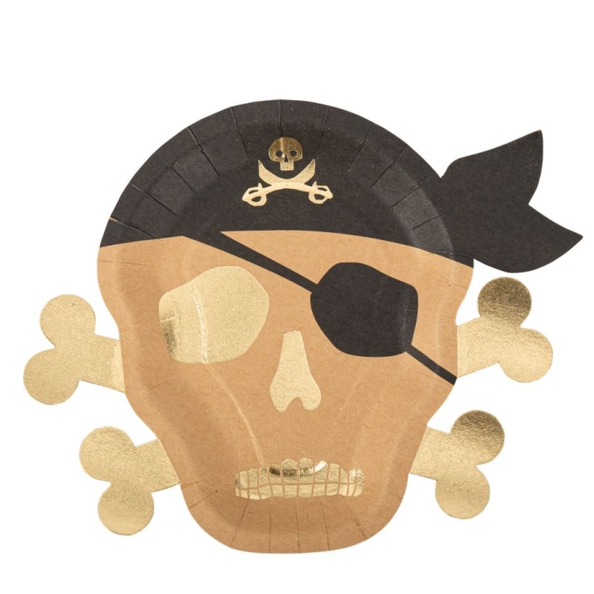 8 Platos Pirata Kraft Negro / Oro 