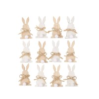 12 confeti conejo de madera blanco Borlas blancas y lazo de yute