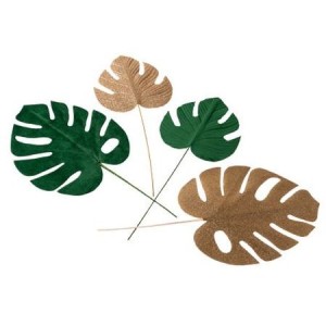 Juego de 4 hojas tropicales - Terciopelo verde y purpurina dorada