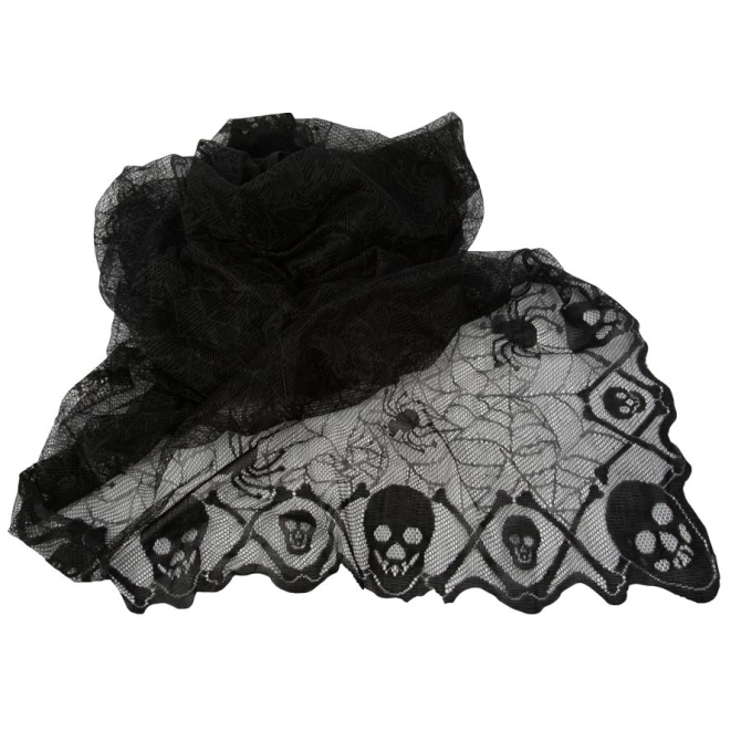 Mantel de encaje negro con araa y calavera - 1, 82 m 