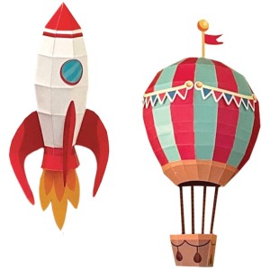 Trofeo 3D de cohetes de papel y globos aerostticos para construir y sus decoraciones
