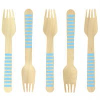 10 Tenedores de Madera Rayas Azules - Biodegradables
