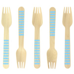 10 Tenedores de Madera Rayas Azules - Biodegradables
