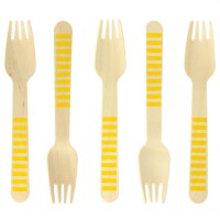 10 Tenedores de Madera Rayas Amarillas - Biodegradables