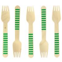 10 Tenedores de Madera Rayas Verdes - Biodegradables
