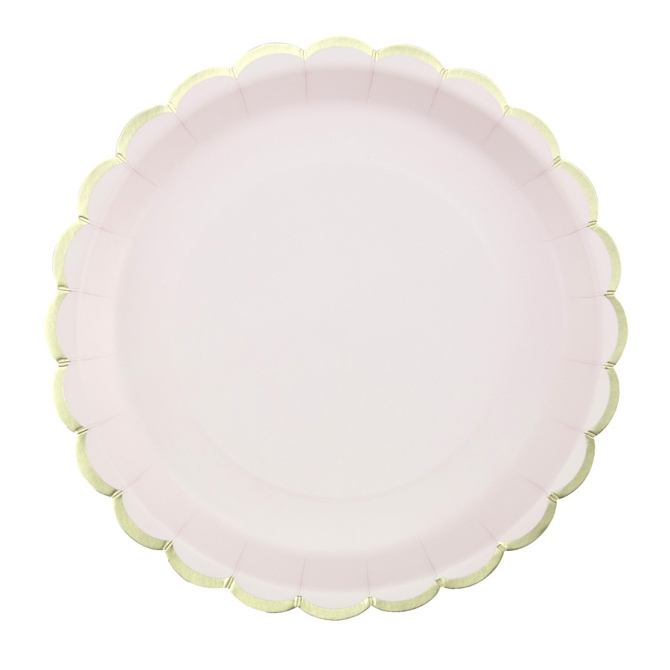 8 platos festoneados en rosa pastel y dorado 