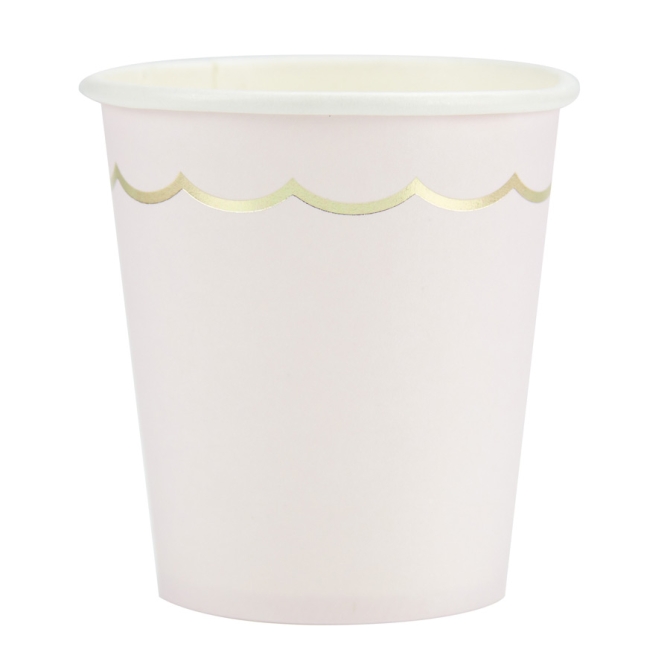 8 vasos festoneados rosa pastel y dorado 