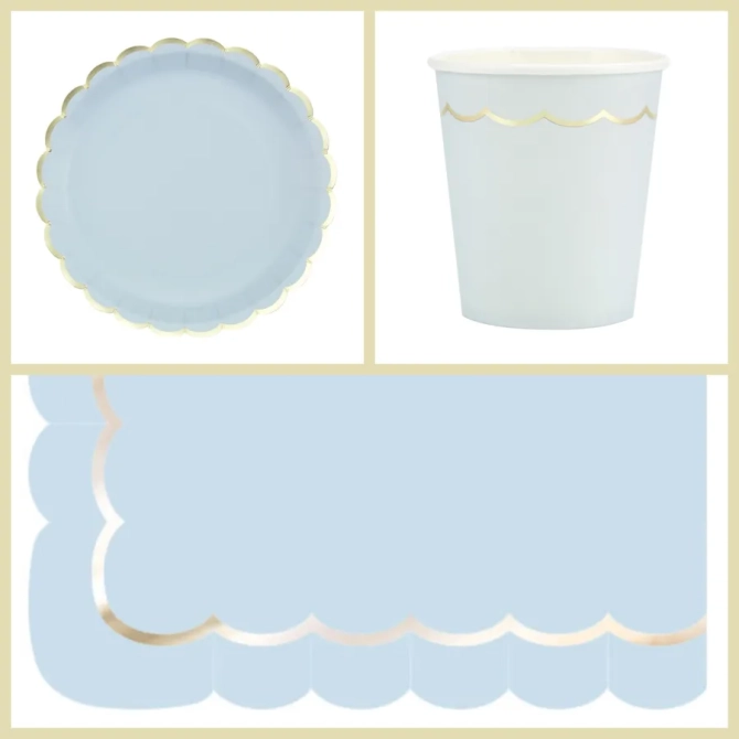 Party Box festoneada azul pastel y dorado 