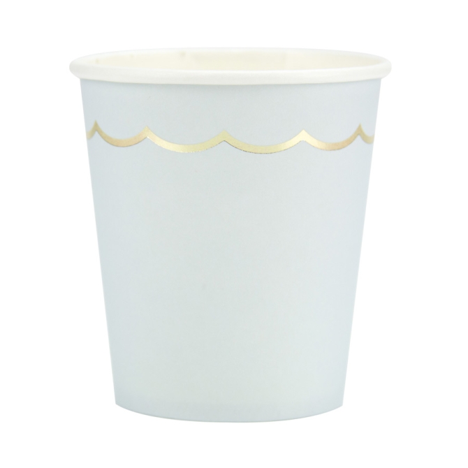 8 vasos festoneadas en azul pastel y dorado 