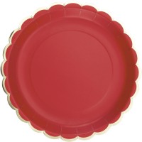 Contiene : 1 x 8 platos festoneados rojos y dorados