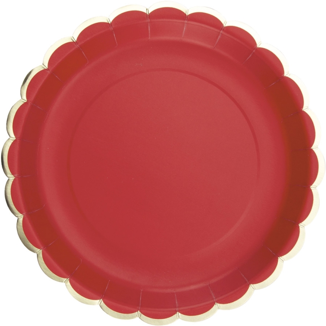 8 platos festoneados rojos y dorados 