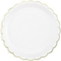 8 platos festoneados blancos y dorados