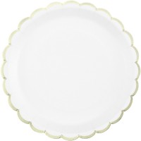 8 platos festoneados blancos y dorados