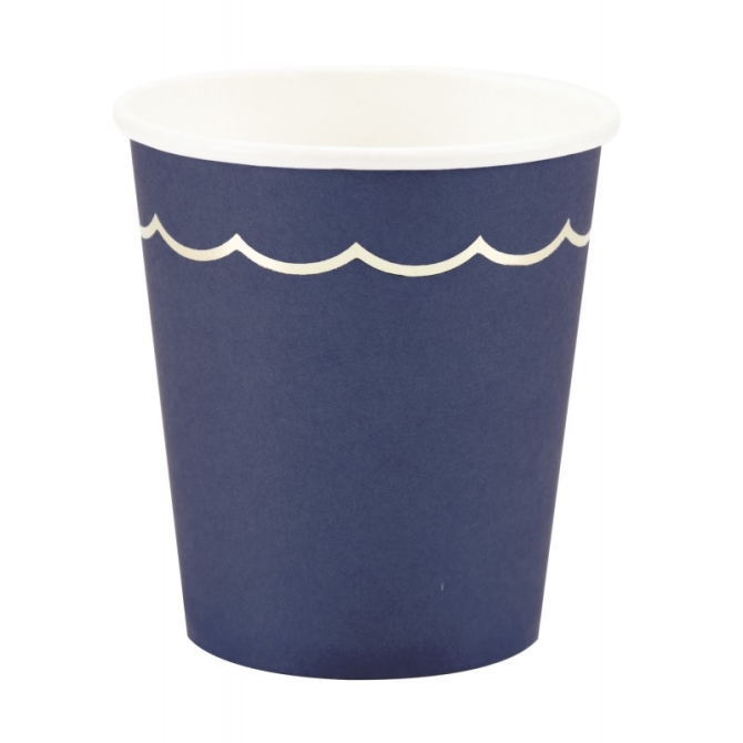 8 Vasos Festoneados Azul Marino / Oro 