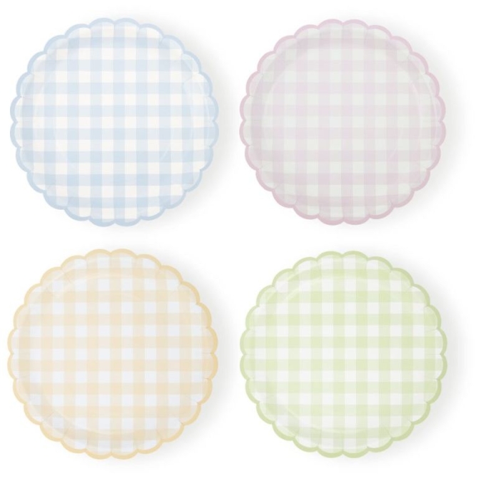 8 platos festoneados en colores pastel Vichy 