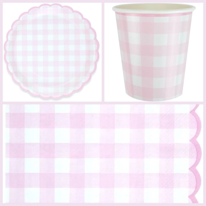 Caja de fiesta festoneada de cuadros vichy rosas 