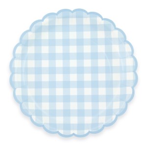 8 platos festoneados de cuadros azules