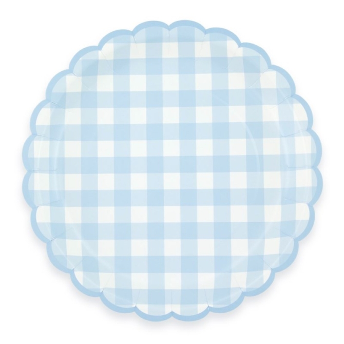 8 platos festoneados de cuadros azules 