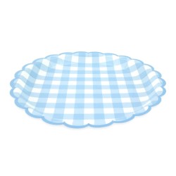 8 platos festoneados de cuadros azules. n1