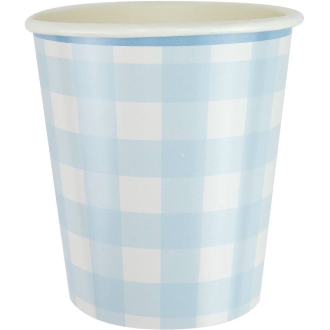 8 tazas festoneadas de cuadros azules 
