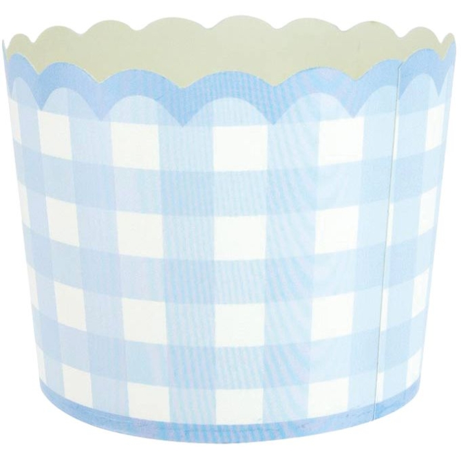 8 pequeos tarros festoneados de color azul Vichy 