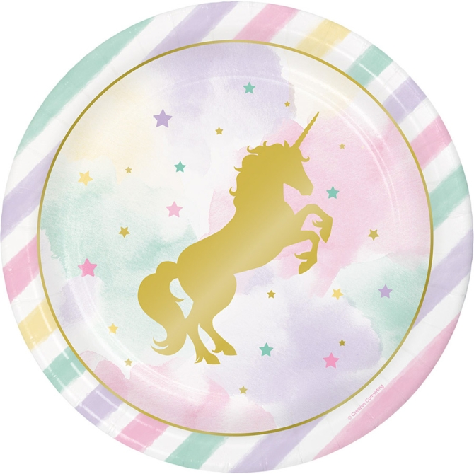 8 Platos Unicornio Arco Iris Pastel 