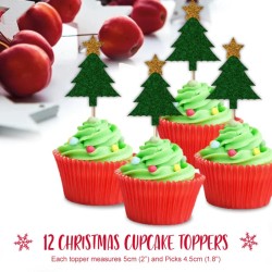 12 cupcakes toppers de árbol de Navidad con purpurina verde. n°1