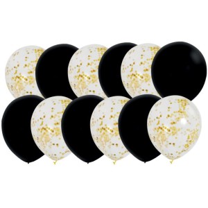 12 globos de confeti mixtos negros y dorados transparentes - 30 cm