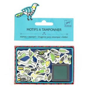 Mini sellos Aves + Almohadilla de tinta verde oscuro