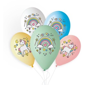 5 Globos Unicornio Arcoiris 33cm