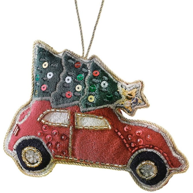 Coche rojo con árbol de Navidad colgante - Terciopelo 