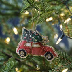 Coche rojo con árbol de Navidad colgante - Terciopelo. n°1