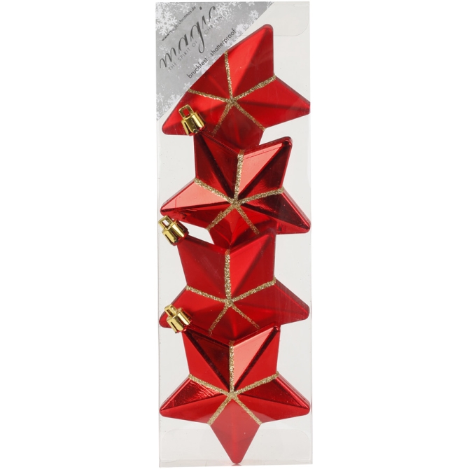 4 Decoraciones para colgar de estrella 3D rojo / dorado (7, 5 cm) - Plástico 
