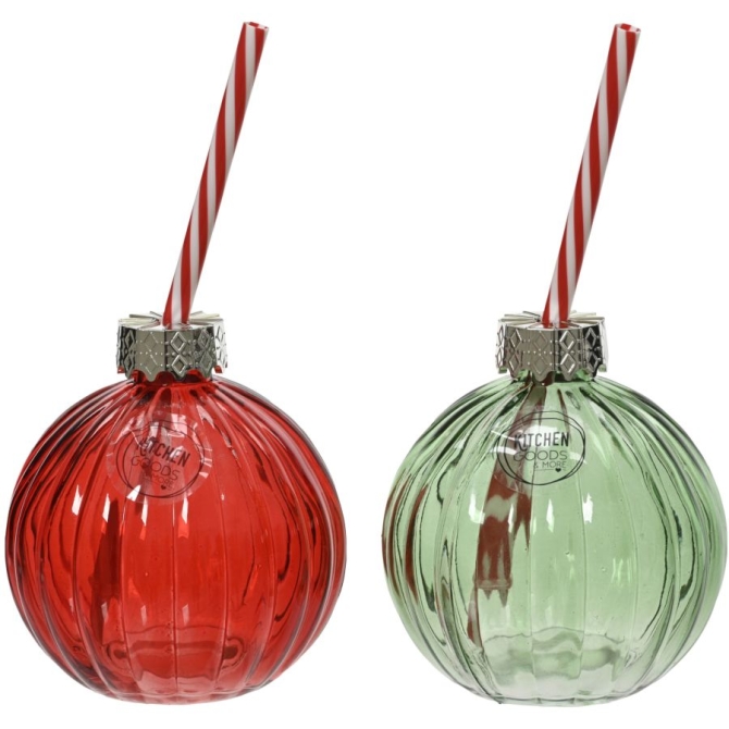 Taza Bola de Navidad  Vidrio Transparente con Pajita 