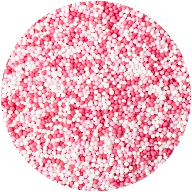 50 g de grageas de colores fucsia,  rosa y blanco. 