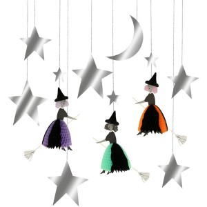 3 decoraciones colgantes de brujas y estrellas plateadas