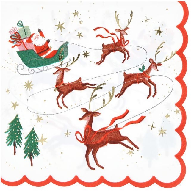 16 servilletas de Pap Noel,  trineo y renos 