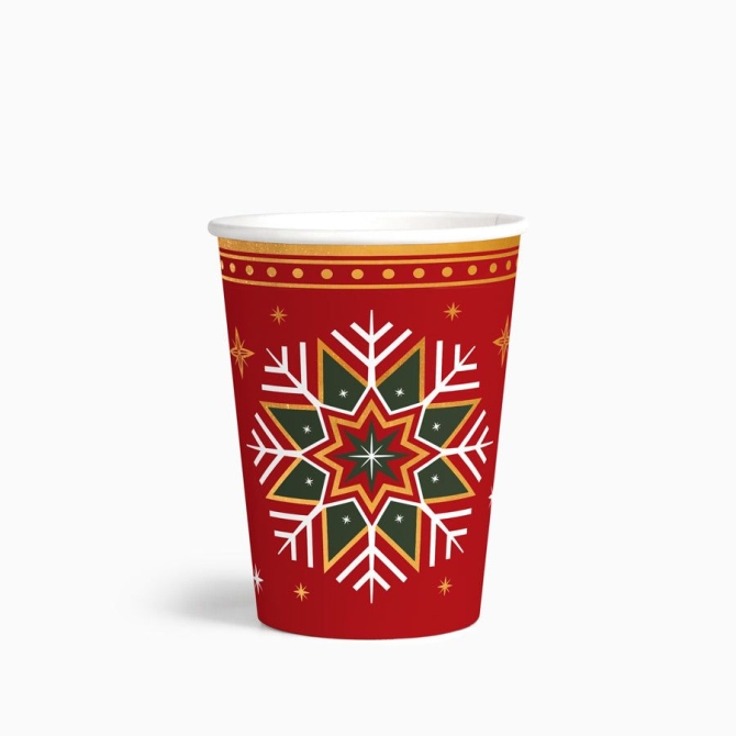 6 vasos con copos de nieve verdes y rojos 
