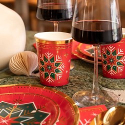 6 vasos con copos de nieve verdes y rojos. n�1