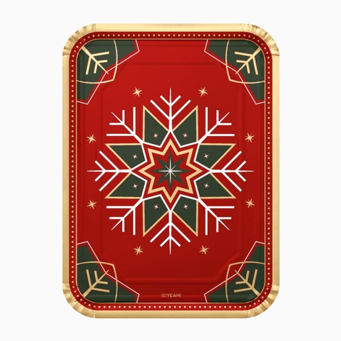 Juego de 2 bandejas rectangulares con dise�os de copos de nieve verdes y rojos. 