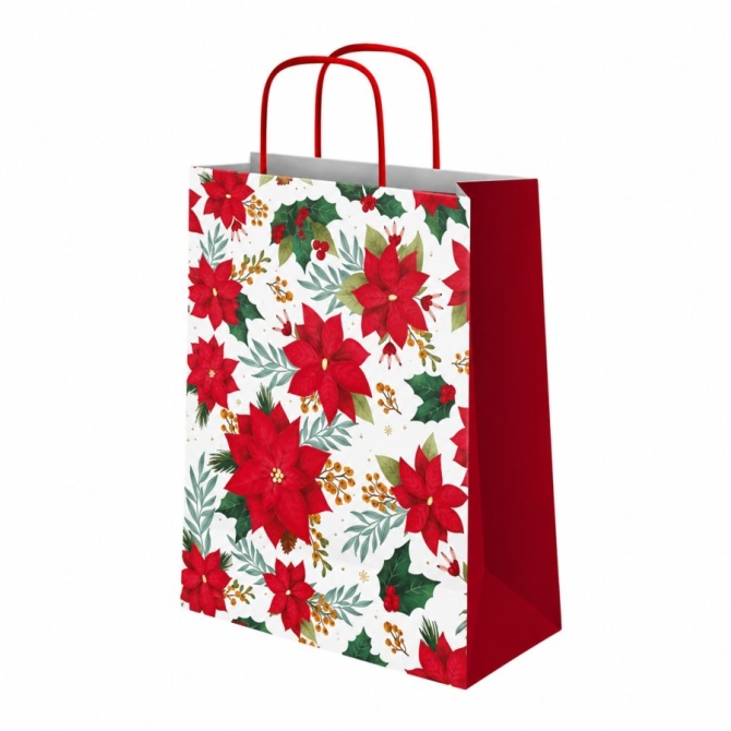 Bolsa de regalo navide�a peque�a con dise�o de flor de Pascua blanca - 24 cm 