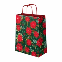Bolsa de regalo navide�a peque�a con dise�o de flor de Pascua verde - 24 cm