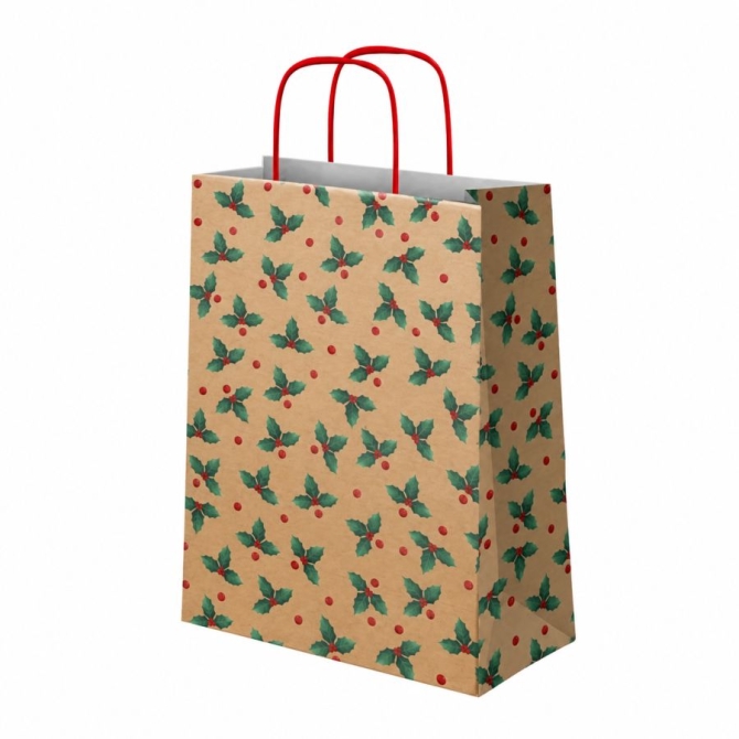 Bolsa de regalo navide�a peque�a con dise�o de acebo - 24 cm 