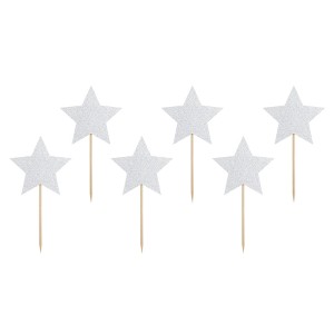 6 palillos de estrellas plateadas con purpurina (11 cm)