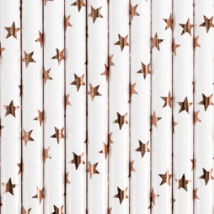 10 Pajitas Blancas - Estrellas Metlicas Oro Rosa