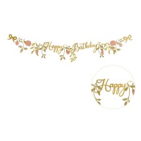 Banner de feliz cumpleaos con flores rosas y doradas - 1,3 m