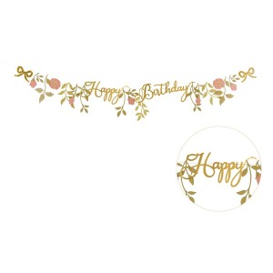 Banner de feliz cumpleaos con flores rosas y doradas - 1,3 m