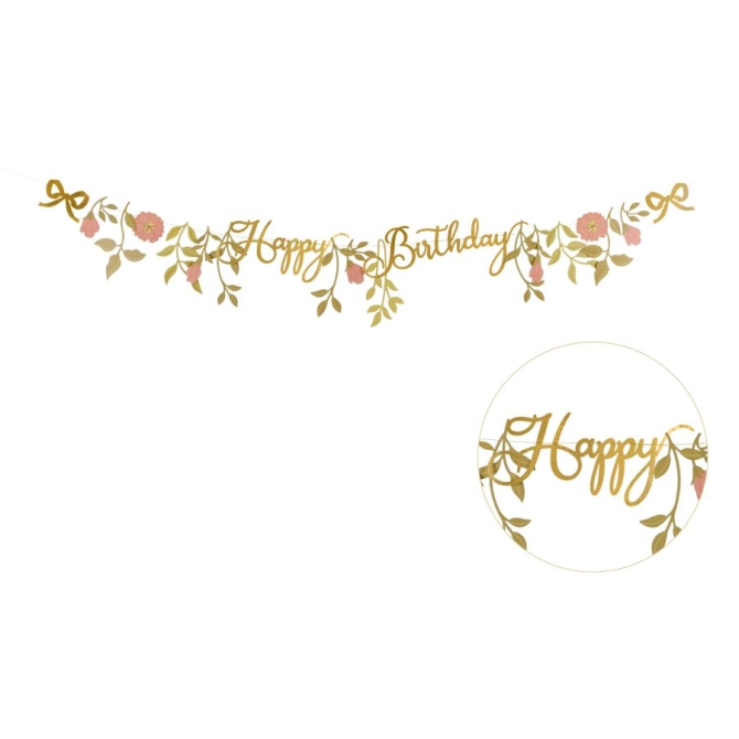 Banner de feliz cumpleaos con flores rosas y doradas - 1, 3 m 